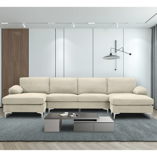 83" Sectional Sofa Beige Velvet Sofa L-Shape Sofa Adjustable Headrest