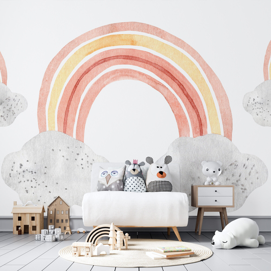 Pastel Color Rainbow Arch Between Clouds Kids Room Wallpaper, Colorful Rainbows Nursery Wall Mural, Modern Baby Decor