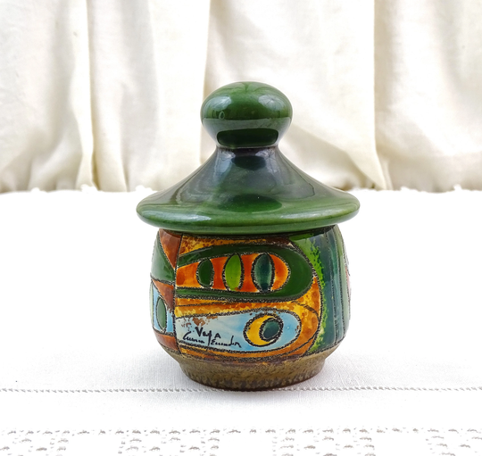 Small Vintage Colorful Studio Pottery Trinket Lidded Pot in Green, Blue & Earthen Colors, Retro Hand Made Ceramic Container From France