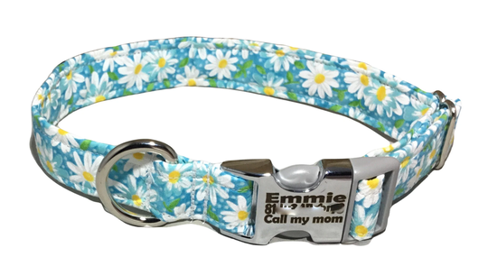 Aqua & White Daisy Dog Collar With Engraved Buckle - Personalized Floral For Your Pup Choice Of Hardware