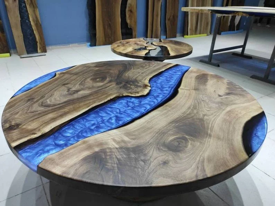 Epoxy Resin Walnut Dining Table, Center Farmhouse River Coffee Round Table