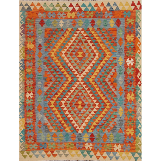 Multi-Color Kilim Reversible Geometric Area Rug Flat-weave Wool Carpet - 5'2" x 6'1"