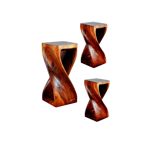 Teak Wood Twist Accent Table Hand Carved Eco-Friendly Side Stools in 2 Size Available