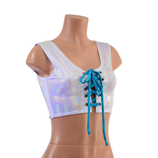 6" Mini Lace Up Front Crop Tank in Flashbulb Holographic With Peacock Tie 1579197