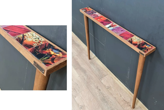 Rustic Slim Entryway Table With Red Tiles Slimline Wooden Console Rose Sideboard Narrow Entry Tables Flowers Tiled Top Wood Legs