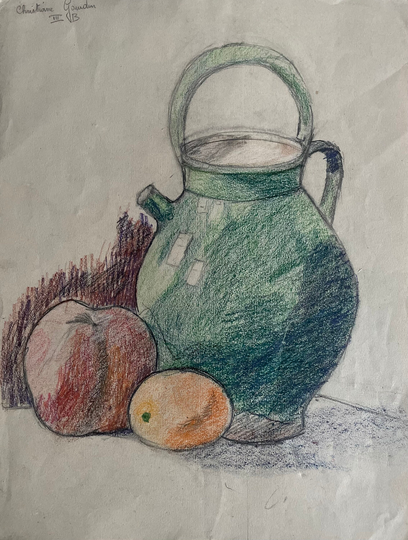1920S French Colored Pencil Drawing On Paper. Still Life With Glazed Green Pot Confit & Fruits