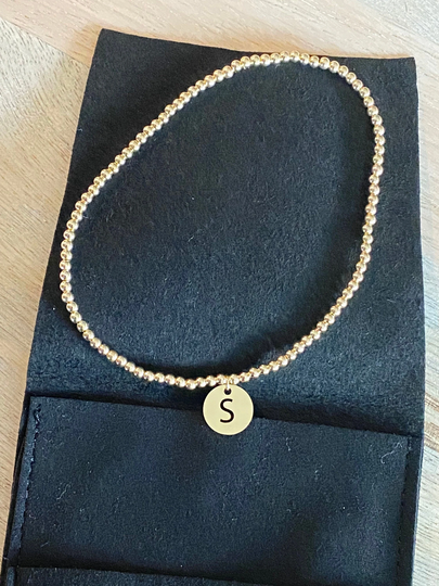 14K Yellow Gold Round Carved Out Initial Beaded Bracelet - Minimalist Stretch