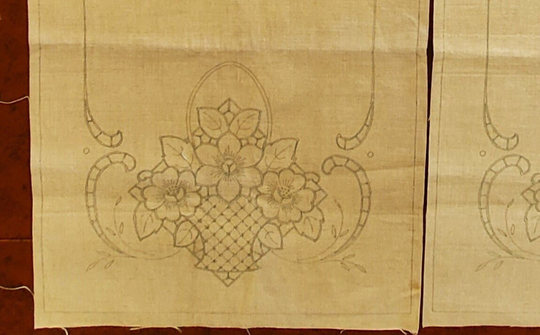 2 Flower Basket Bureau Scarves Or Table Runners, Vogue Needlecraft, Stamped Ready For Cutwork Embroidery, No Thread, Beige Linen, Unused Nos
