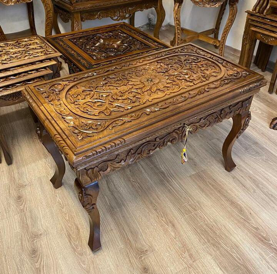 Wooden Coffee Table With Drawers, Rectangular Hand Carved Living Room Table, Walnut Wood Center&tea