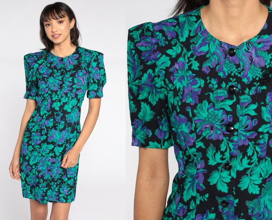80S Floral Dress Puff Sleeve Green Blue Sheath Mini Button Up 1980S Short Pencil Wiggle Vintage Shift Small S