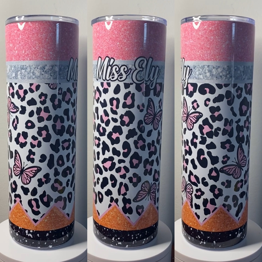 Teacher Leopard Pencil Tumbler - 20Oz 30Oz Butterflies Name Insulated