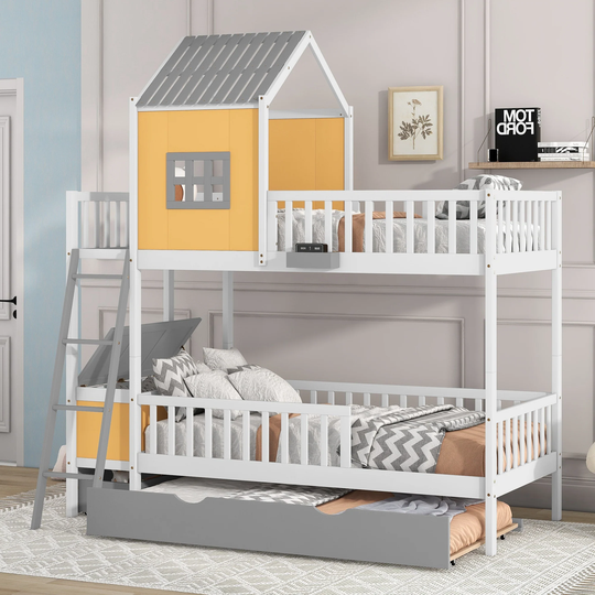 Yellow Playhouse Twin over Twin Wood Bunk Bed with Removable Wheeled Twin Trundle and Drawer / Storage Box / Guardrails / Window