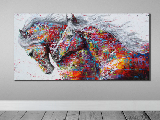 Colorful Horses Art Canvas, Oil Painting Textured, Red Horse Print, Colorful Wall Art, Canvas Painting, Print