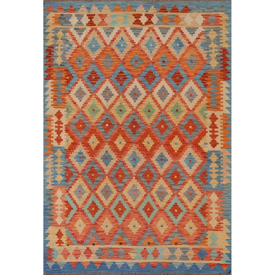 Kilim Reversible Area Rug Hand-woven Geometric Multi-Color Wool Carpet - 4'11" x 6'8"