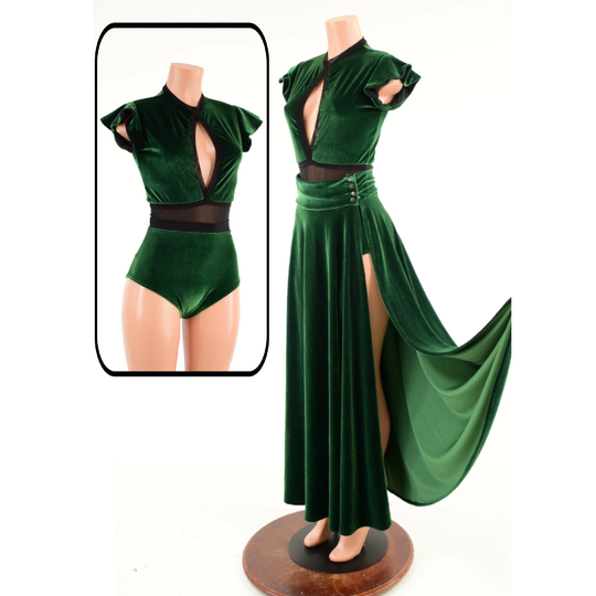 Green Velvet & Black Mesh Romper & Breakaway Skirt Set Emk157665
