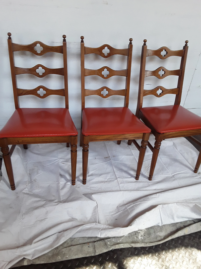 Gorgeous Vintage Wood & Orange/Red Vinyl Chairs with Floral Cut Outs On The Back Splats