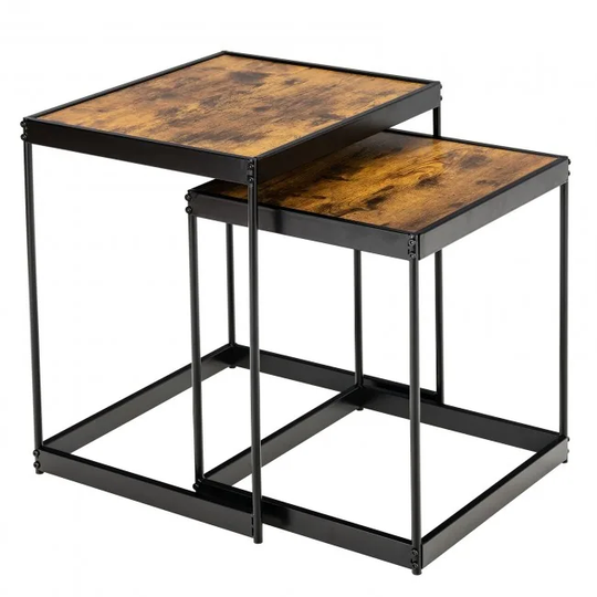 Set of 2 Modern Nesting Tables with Sturdy Steel Frame for Living Room-Rustic Brown