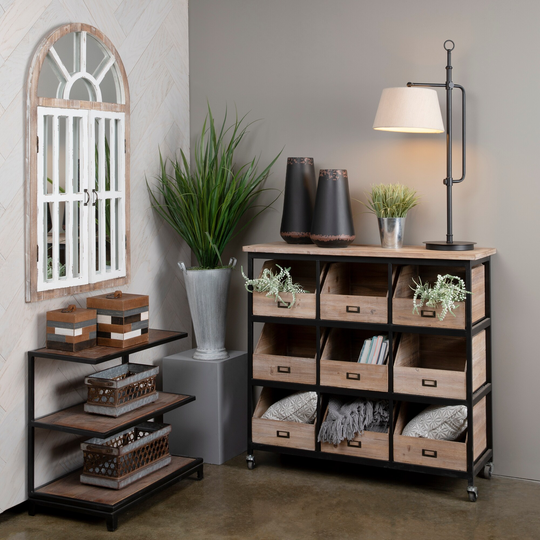 Industrial 41"W Metal & Fir Wood 9 Open Drawer Storage Chest