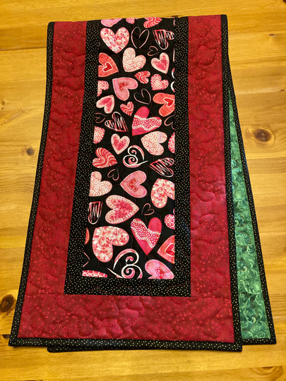 Valentine's Day Dining Table Runner + Topper, Pink Red Hearts Quilted, Reversible Spring, Coffee Buffet, Heart Decor 13x48"