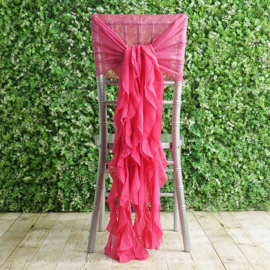 Fuchsia Premium Curly Chiffon Chair Cover Cap With Sashes