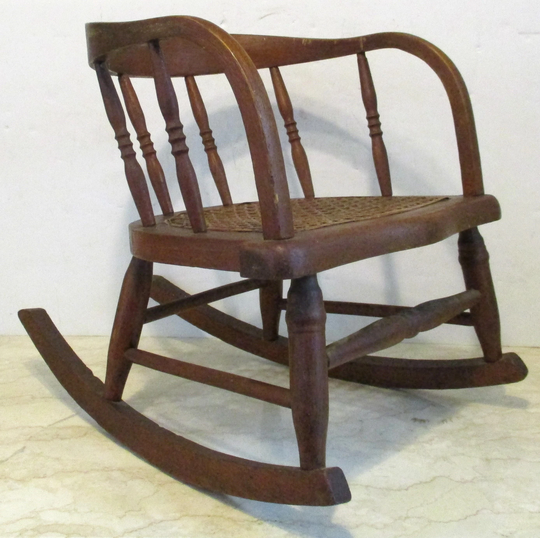Antique Oak Curved Back Hand Woven Cane Seat Children's Rocking Chair