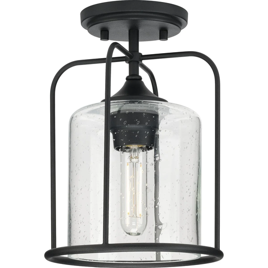 Watch Hill Collection One-Light Textured Black Clear Seeded Glass Farmhouse Semi-Flush Light - 8.5 in x 8.5 in x 11.62 in
