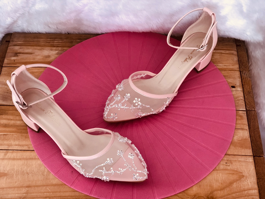 Pink Color, 3cm Heel Wedding Shoes, Stone Embellished Bride Women Shoes For Events, Transparent Rhinestone Crystal Embellished