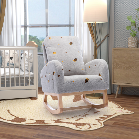 Upholstered High Back Wooden Rocking Chair, With Side Pocket