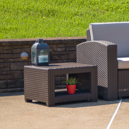 Chocolate Brown Faux Rattan End Table - Outdoor Accent Table - Patio Table - 22"W x 22"D x 15.25"H
