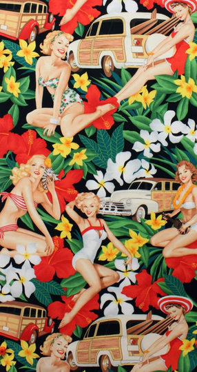 Aloha Girls On Black - Pattern # 6627A Pin Ups Alexander Henry 100% Cotton Woven Fabric Choose Your Cut