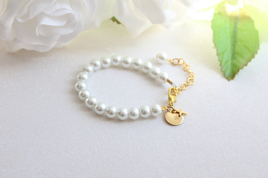 Baby Girl Pearl Bracelet With Gold Initial & Cross, Adjustable, Baptism Communion Dedication Blessing