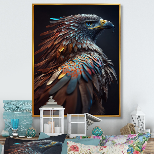 Designart 'Macro Colorful Feather Eagle IV' Animals Framed Canvas Art Print