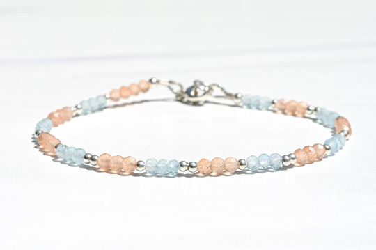 Dainty Peach Moonstone & Aquamarine Bracelet, June March Birthstone, Gold Crystal Spiritual Healing Bracelet Mothers Day Gift For Her
