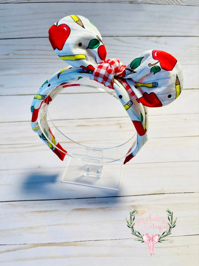 Custom Back To School Apples & Pencils Gingham Fabric Knotted Bow Headband. Perfect Size For Both Girls & Women