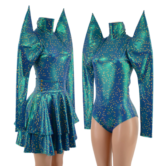2Pc Stardust Mega Sharp Shoulder Romper with High Turtleneck, Back Zipper, Siren Cut Leg & Double Ruffle Skater Skirt Breakaway Snaps