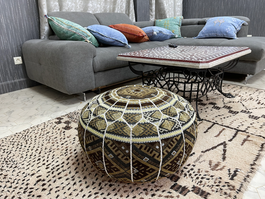 Kechart - Round Moroccan Pouf, Floor Ottoman, Pouf Cover, Home Decor, Genuine Leather, Tissue, Chairs & Ottomans, Seat Cushion, Footstool