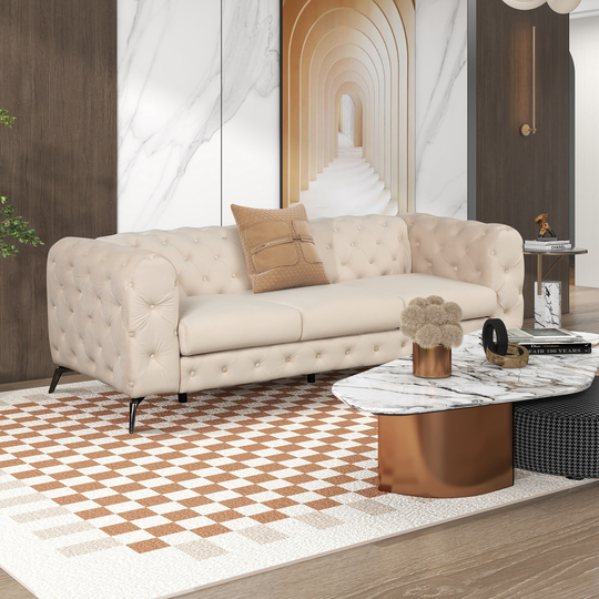 Velvet Upholstered Sofa Modern Comfortable Button Tufted Back Sofa Couch, 3 Seater Living Room Sofa Couch with Sturdy Metal Legs