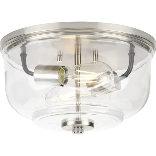 Rushton Collection 2-Light Brushed Nickel Clear Glass Industrial Flush Mount Ceiling Light - 12 in x 12 in x 6.87 in