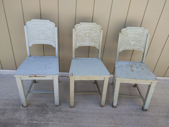 Vintage Antique Light Blue Gray Wooden Chairs Distressed Garden Yard
