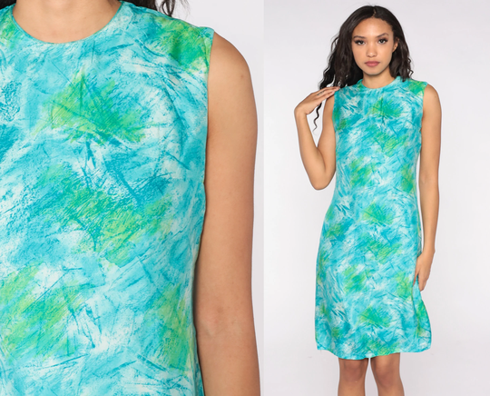 60S Sheath Dress Watercolor Mod Knee Length Blue Green High Waisted Vintage Retro Boho 1960S Sleeveless Bohemian Pencil Sixties Small