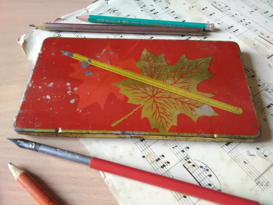 Pencil Case, Vintage Tin Pencil Maple Leaf Drawing