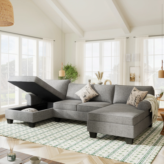 Grey Chenille Sectional Sofa with Double Chaises, 3 pillows included
