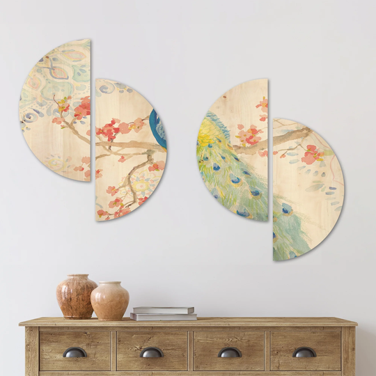 Designart 'peacocks Watercolor II' Traditional Wood Wall Art Set of 4 Half Circles - Multi-Color