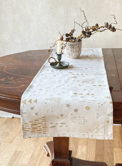 Cream & Gold Christmas Table Runner - Gold Decor, Winter Home French Cottage Decor