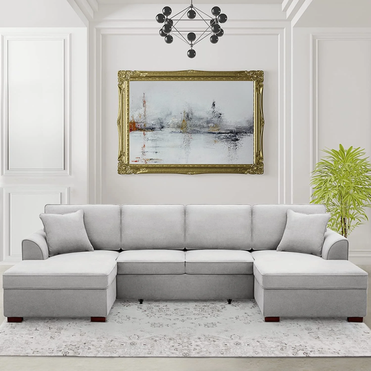 Erommy Symmetrical Sofa & Chaise with Pull-Out Bed, Convertible Couch Modular Sectional Sofa Upholstered U-Shape, Light Gray