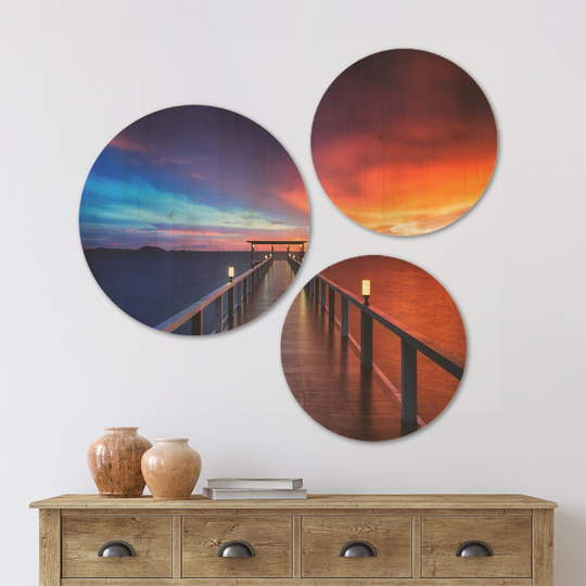 Designart 'Picturesque Seashore with Long Pier' Pier Seascape Wood Wall Art Set of 3 Circles - Multi-Color