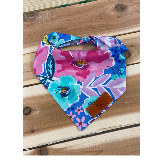 Dog Bandana, Blue & Pink Floral Traditional Tie, Personalized Leather Name Tag Bandanna, Pet Accessories, Bandana
