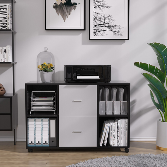 Wood Filing Cabinet 2 Drawer 4 Open Storage Cabinets Wheels Black&Grey