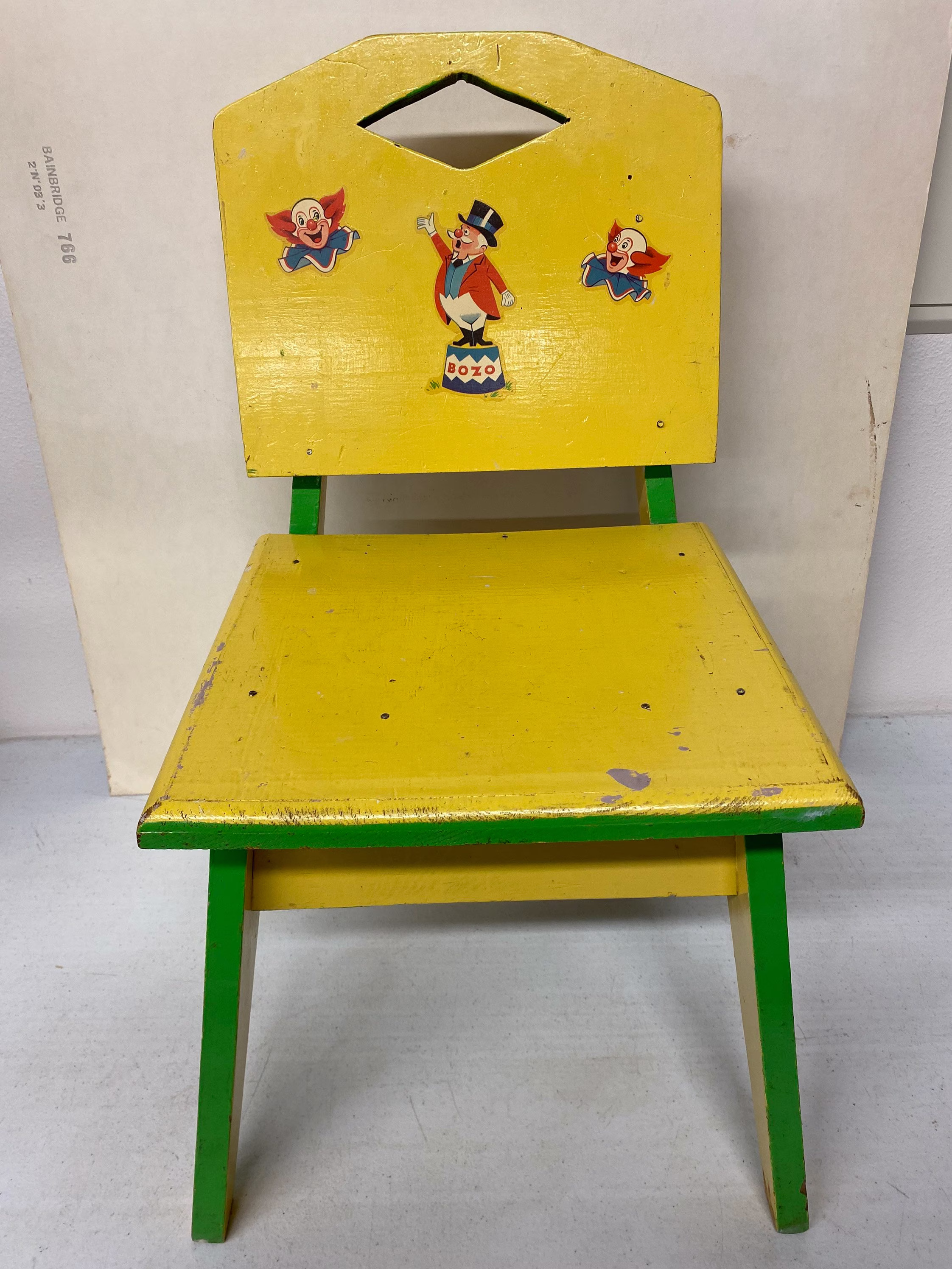 Vintage Handmade Folk Art Child's Wood Chair With Bozo The Clown Decals