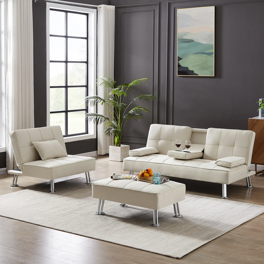 3 Pcs Sets Fabric Folding Sofa Bed with 2 Cup Holders, Removable Armrest and Metal Legs, Single Sofa Bed with Ottoman